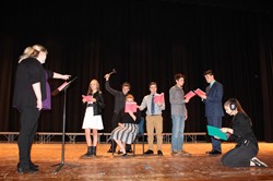 from Left to Right are cast members:  Maggie Dishong, Hailey McMullen, Ben Grivensky, Madison Fick, Matt Fazio, Jarod Engle, Alex Mykulyn, Morgan Gayton
