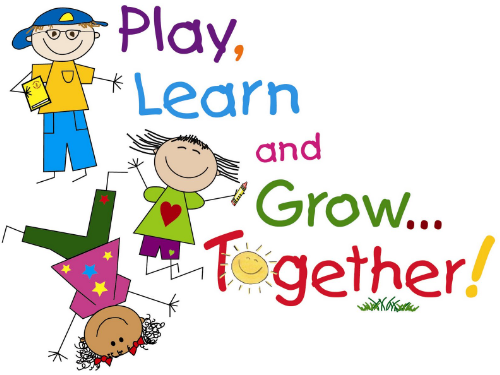 Clip art of small children with motto Play, Learn and grow together