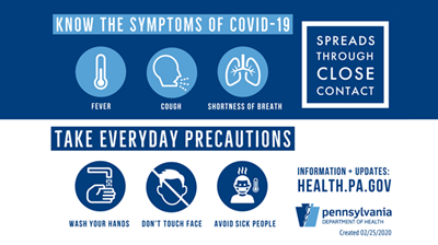 Know the symptoms of COVID-19; Fever, Cough, Shortness of breath; Spreads through close contact; Take everyday precautions: Wash your hands, don't touch face, avoid sick people. Visit the Pennsylvania Department of Health at health.pa.gov